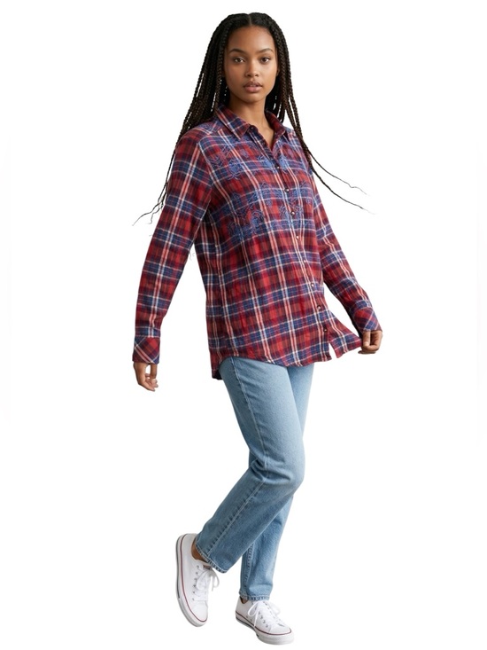 Free People Tops - Free People “Magical” plaid button down embroidered shirt. Size large GUC